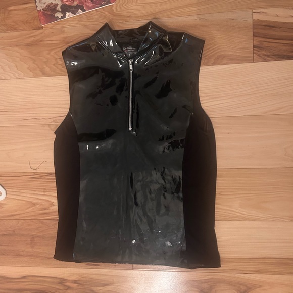 Allure Tops - Vinyl zip up tank with mesh detail